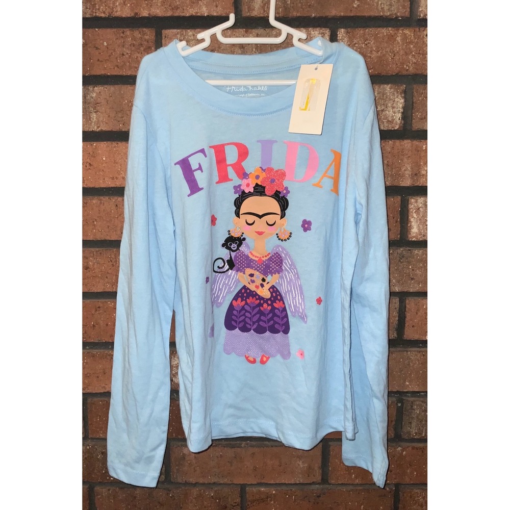 Frida Kahlo Girls Long Sleeve Graphic T-Shirt Light Blue‎ Cotton Size M 7/8 NEW